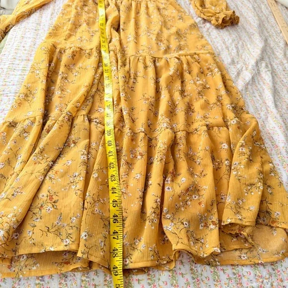 August Sky Mustard Yellow Floral Smocked Tiered Midi Dress Small Long Sleeve - Picture 13 of 13